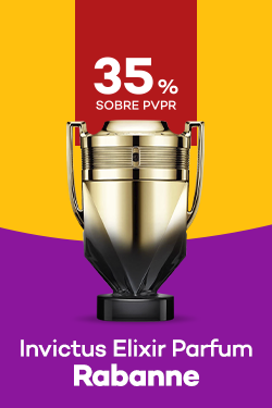 Novo perfume Invictus Elixir Parfum da marca Rabanne  com destaque promocional de 35% obre pre&ccedil;o de Venda ao P&uacute;blico Recomendado